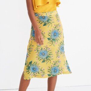 Madewell Size 12 Yellow Blue Floral 100% Silk Side Button Skirt Painted Blooms